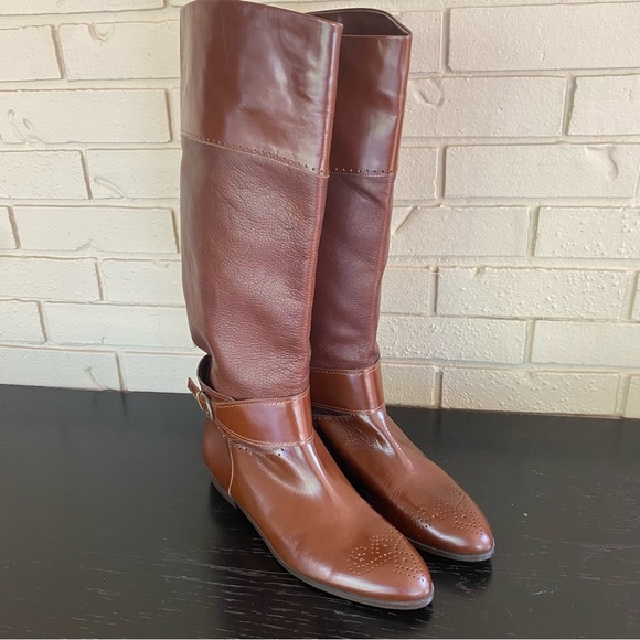 Joseph Italian Made Brown Leather Tall Boots Perforated Size 11 N Equestrian NEW - Picture 2 of 10